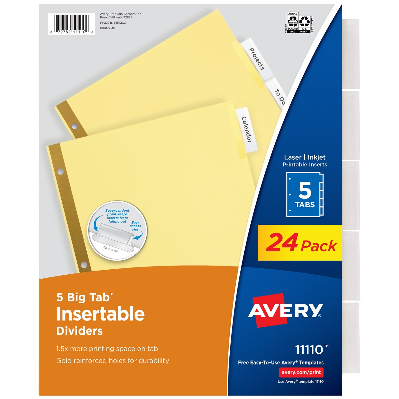 Avery Big Tab Insertable Dividers for 3 Ring Binder, 5-Tab Sets, Clear Tabs, Buff Paper with Gold-Reinforced Buff Paper, 24 Sets (11113)